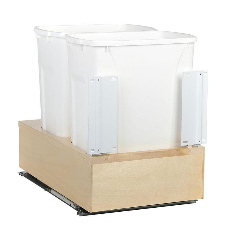 Knape and Vogt WUSC 11-5/8" Birch Bottom Mount Waste Pullout with 2-27 Quart White Bins Soft-Close, WUSC12-2-27WH