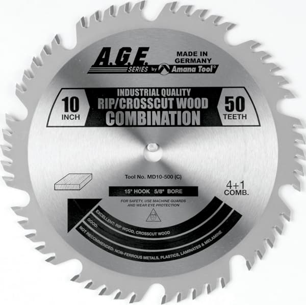 Amana A.G.E. 10" Diameter with 5/8" Arbor 50 Tooth ATB Ripping / Crosscut Saw Blade, MD10-500