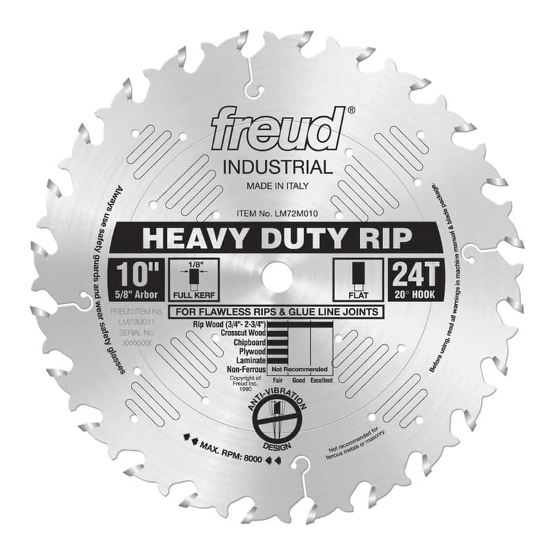 Freud 10" Diameter with 5/8" Arbor 24 Tooth FTG Heavy Duty Ripping Saw Blade, LM72M010