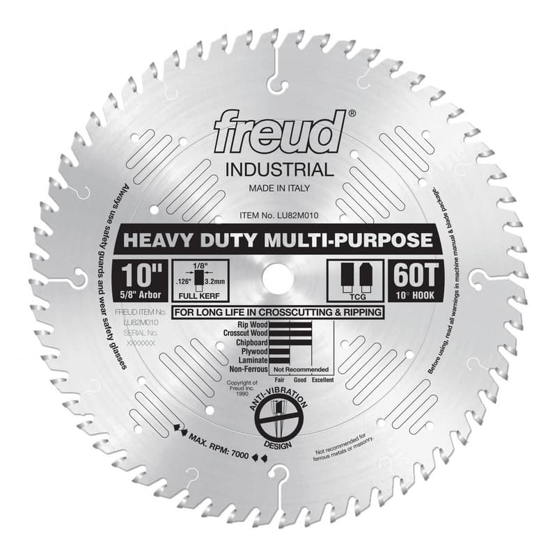 Freud 10" Diameter with 5/8" Arbor 60 Tooth TCG Heavy Duty General Purpose Saw Blade, LU82M010