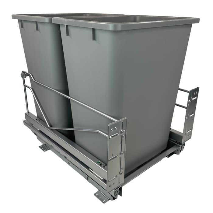 Kessebohmer 15-1/4" Silver Bottom Mount Waste Pullout with 2-36 Quart Grey Bins Self-Open/Soft-Close, BOMWP236SV-GR