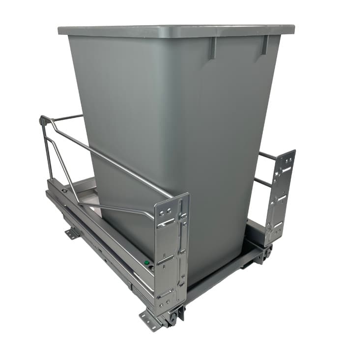 Kessebohmer 12-1/4" Silver Bottom Mount Waste Pullout with 1-36 Quart Grey Bin Self-Open/Soft-Close, BOMWP136SV-GR