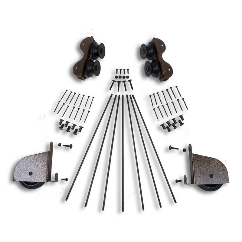 20" Wide Hardware Kit with Contemporary Wheels for Rolling Library Ladders, Hammered Antique Brass, QG2202003