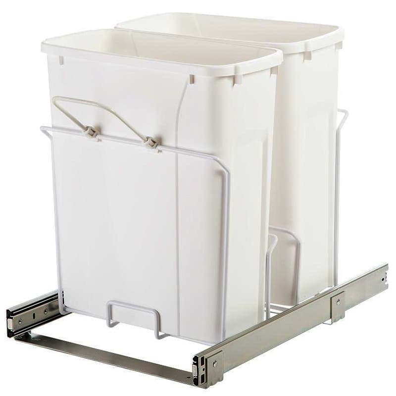 Knape and Vogt SBM Series 14-3/8"Wx17-5/16"H Double White Bin 20 quart Bottom Mount Waste Container Pullout with Standard Full extension Slides, - SBM15-2-20WH