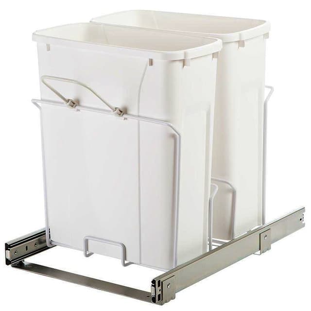 Knape and Vogt SBM Series 14-3/8"Wx17-5/16"H Double White Bin 20 quart Bottom Mount Waste Container Pullout with Standard Full extension Slides, - SBM15-2-20WH