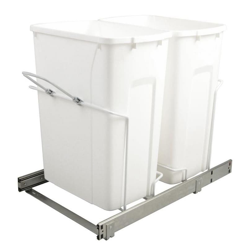 Knape and Vogt SCB 14-3/8" Chrome Bottom Mount Waste Pullout with 2-20 Quart White Bins Soft-Close, SCB15-2-20WH