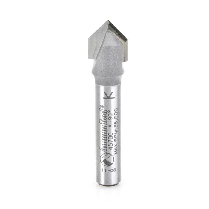 Amana Tool 45708 Carbide Tipped V-Groove 90 Deg x 1/2" Dia x 1/4" x 1/2" Shank Router Bit