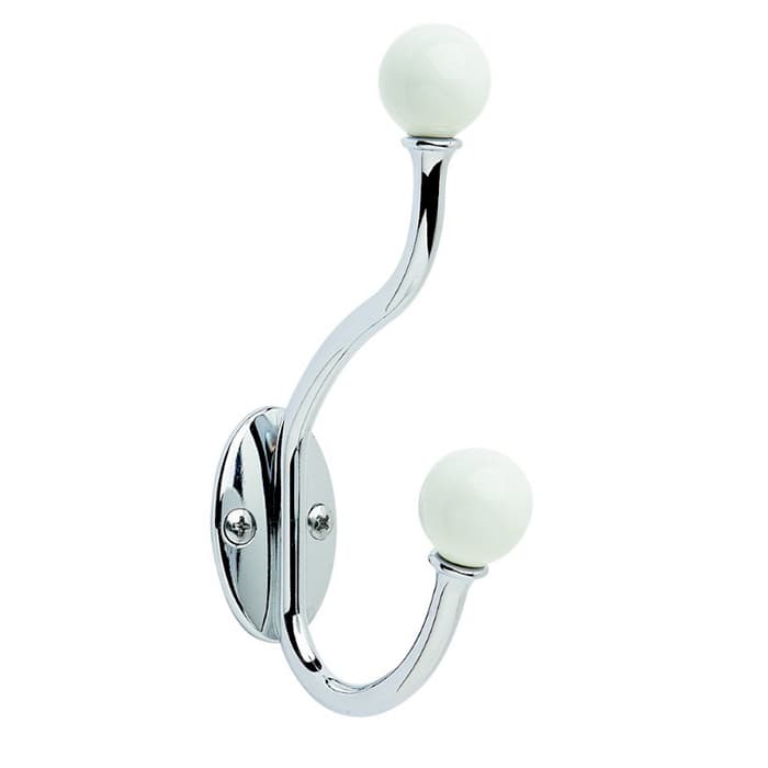 Amerock Globe Double Prong Coat and Hat Hook 5-1/8" (130mm) Long White/Polished Chrome, H55469W26
