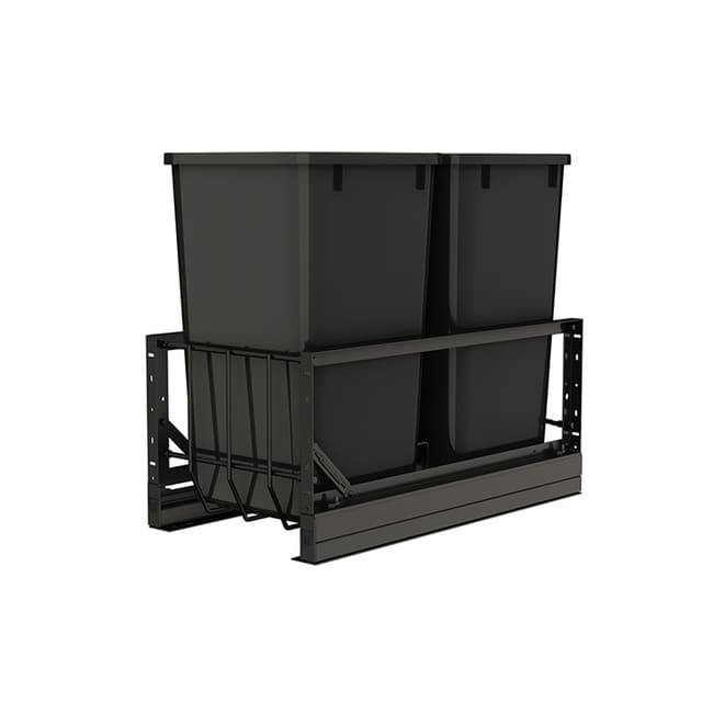 Rev-A-Shelf 5349 11-11/16" Black Bottom Mount Waste Pullout with 2-27 Quart Black Bins Soft-Close, 5349-1527DM-218-24