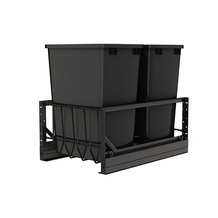 Rev-A-Shelf 5349 14-25/32" Black Bottom Mount Waste Pullout with 2-35 Quart Black Bins Soft-Close, 5349-18DM-218-16, Pallet
