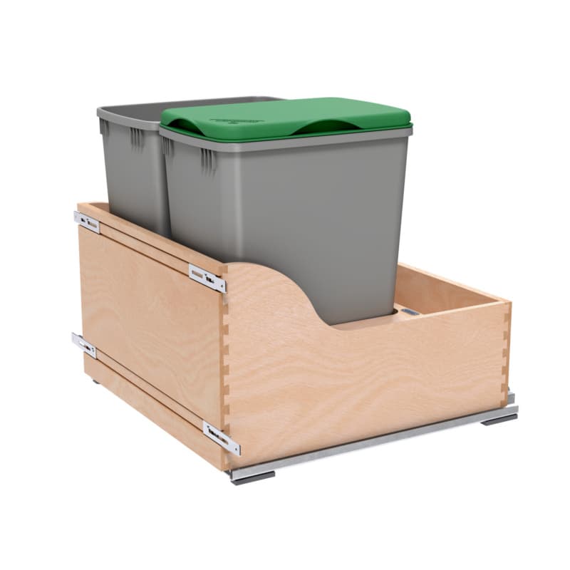 Rev-A-Shelf 4WCSC 20-1/2" Maple Bottom Mount Waste Pullout with 2-32 Quart Silver metallic Bins Soft-Close, 4WCSC-2432DM-2