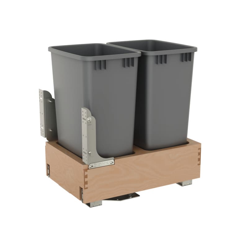 Double Metallic Silver 50 Qt. Maple Pullout Waste Container with Rev-A-Motion® Soft-Open/Soft-Close for 18" Base Cabinets