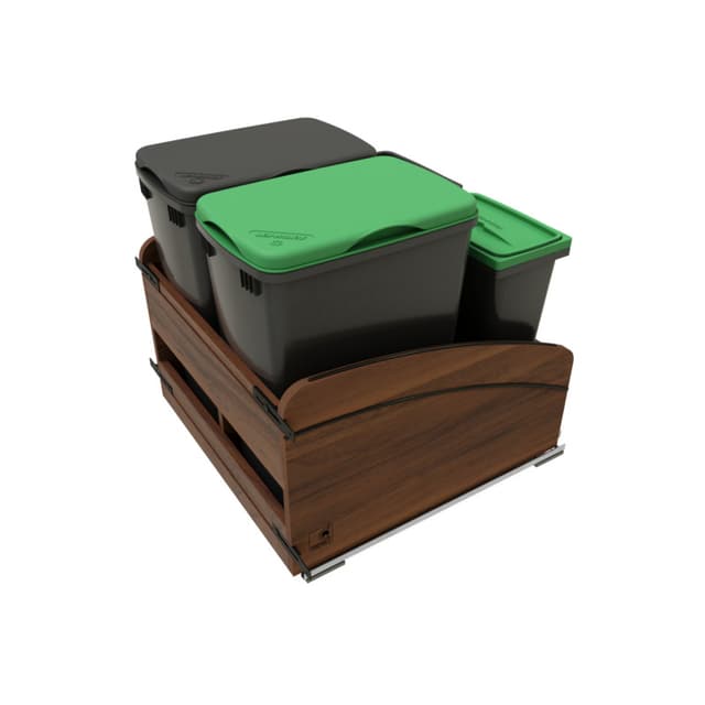 Craftsman Collection Double Black 32 Qt. Solid Walnut Bottom Mount Pullout Waste Container w/ Black Accents, (2) Lids, (2) 8 L Compost Bins/Lids and BLUM Soft-Close for 24" Base Cabinets