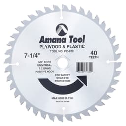 Amana 7-1/4" Diameter with 5/8" Arbor 40 Tooth TCG Plywood / Laminate Saw Blade, PC-620