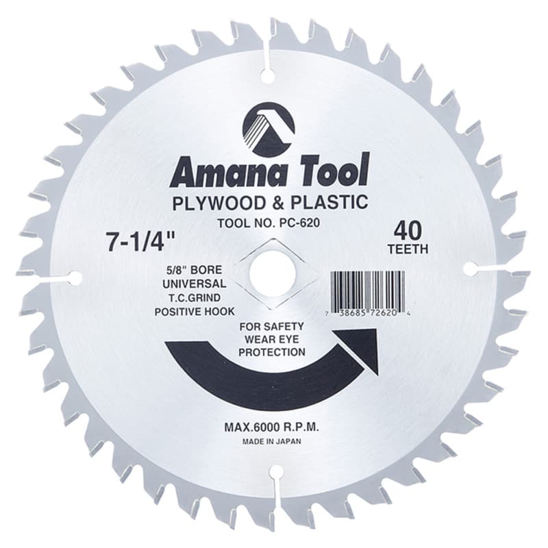 Amana 7-1/4" Diameter with 5/8" Arbor 40 Tooth TCG Plywood / Laminate Saw Blade, PC-620