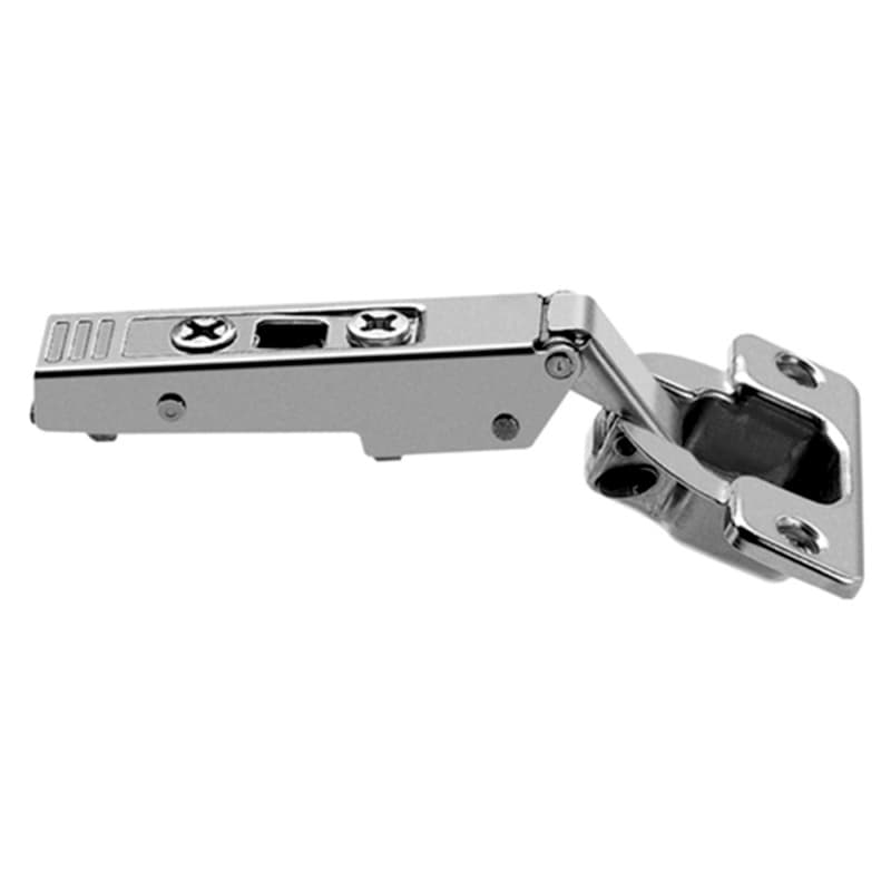 <h2>Nickel Concealed Hinge Built for a 120-Degree Swing</h2>
<p>This Blum CLIP top hinge opens full overlay doors to 120 degrees on frameless and face-frame cabinets, with INSERTA tool-free plate mounting and a self-close spring, finished in nickel.</p>

