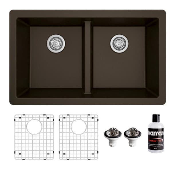Karran 32"W x 19-1/2"D Quartz Brown Double 50/50 Bowl Undermount Sink Kit, QU-810-BR-PK1