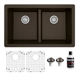 Karran 32"W x 19-1/2"D Quartz Brown Double 50/50 Bowl Undermount Sink Kit, QU-810-BR-PK1