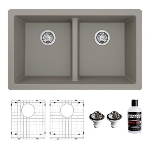 Karran 32"W x 19-1/2"D Quartz Concrete Double 50/50 Bowl Undermount Sink Kit, QU-810-CN-PK1