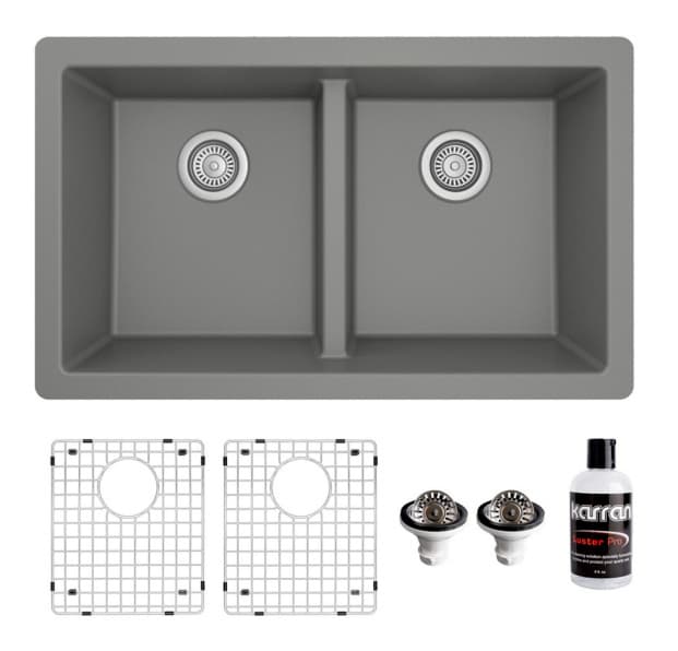 Karran 32"W x 19-1/2"D Quartz Gray Double 50/50 Bowl Undermount Sink Kit, QU-810-GR-PK1