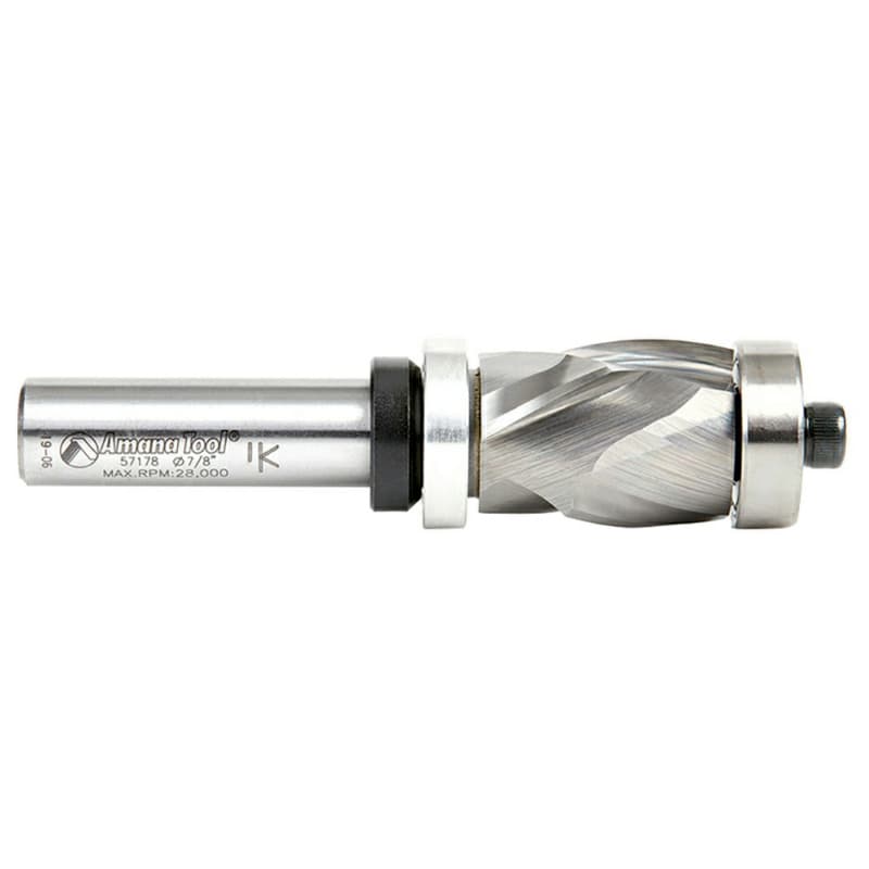 Amana 7/8" x 3-3/4" Spiral Flush Trim Compression Bit with Upper/Lower Ball Bearing, 2-Flute, 1/2" Shank
