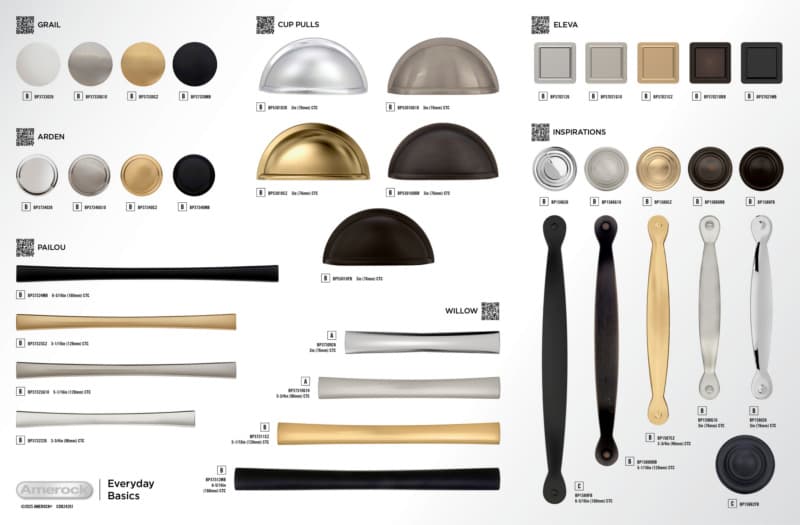 Amerock Everyday Basics 2 - Arden, Cup Pulls, Eleva, Grail, Inspirations, Pailou & Willow Collections 24" x 15-3/4" Everyday Basics Static Display Board 2024 Release