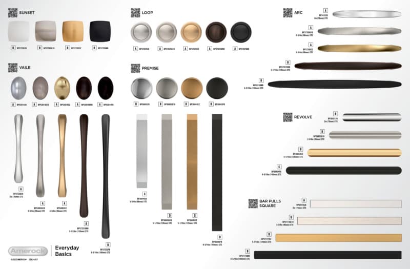 Amerock Everyday Basics 8 - Arc, Bar Pulls Square, Loop, Premise, Revolve, Sunset & Vaile Collections 24" x 15-3/4" Everyday Basics Static Display Board 2024 Release