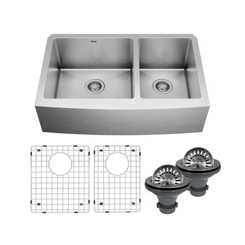 Karran Elite 33"W Stainless Steel Undermount Kitchen Sink Double 60/40 Bowl, 16 Gauge - EL-86-PK1