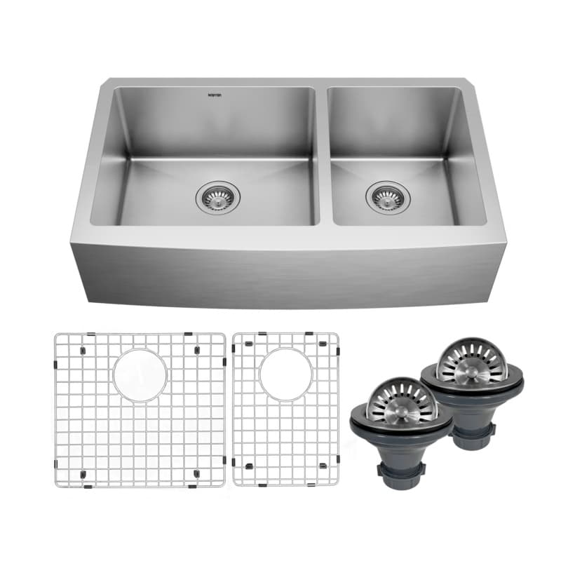 Karran Elite 36"W Stainless Steel Undermount Kitchen Sink Double 60/40 Bowl, 16 Gauge - EL-87-PK1