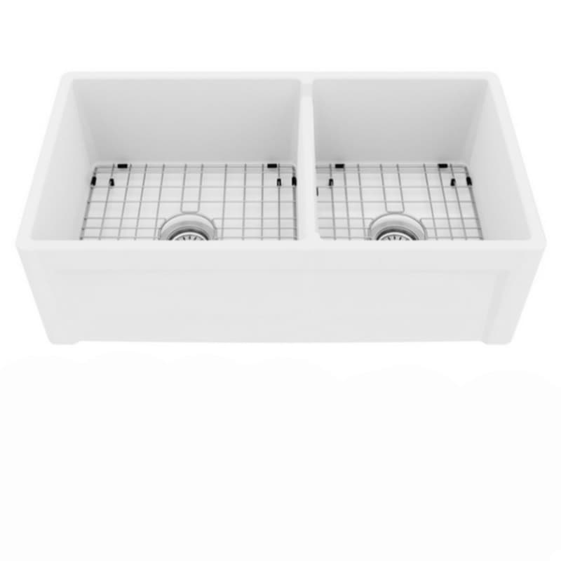 Karran Fireclay Double Bowl Panel Front Farmhouse Kitchen Sink Kit with Reversible Apron Front, 33" x 18" x 10", White
