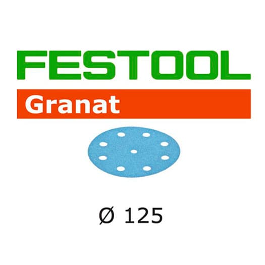 Festool Granat 5" 100 Grit Hook & Loop 9-Hole Hardened Aluminum Oxide on Paper Backed Sanding Disc, 100/Box