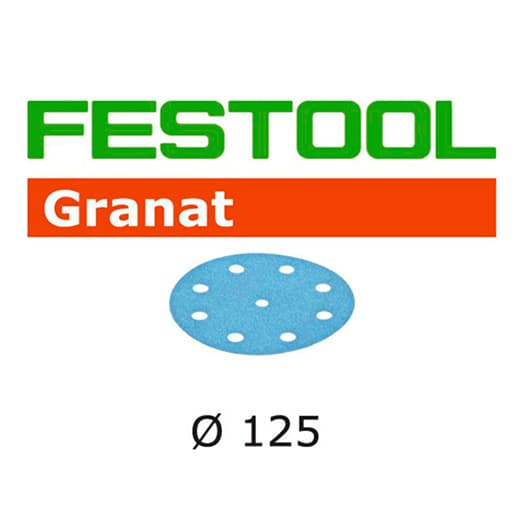 Festool Granat 5" 180 Grit Hook & Loop 9-Hole Hardened Aluminum Oxide on Paper Backed Sanding Disc, 100/Box
