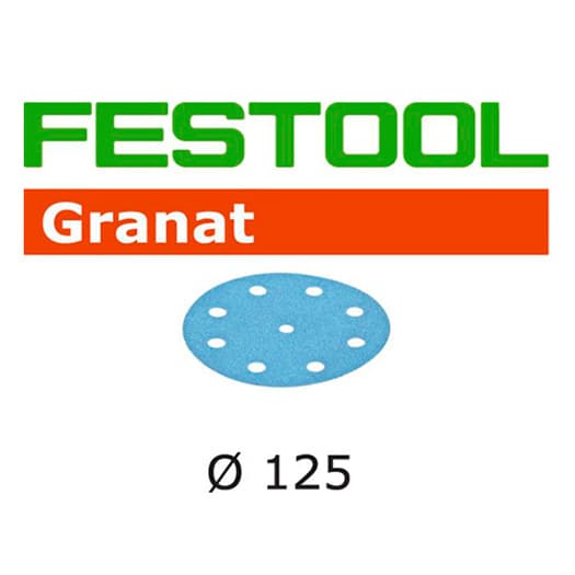 Festool Granat 5" 220 Grit Hook & Loop 9-Hole Hardened Aluminum Oxide on Paper Backed Sanding Disc, 100/Box