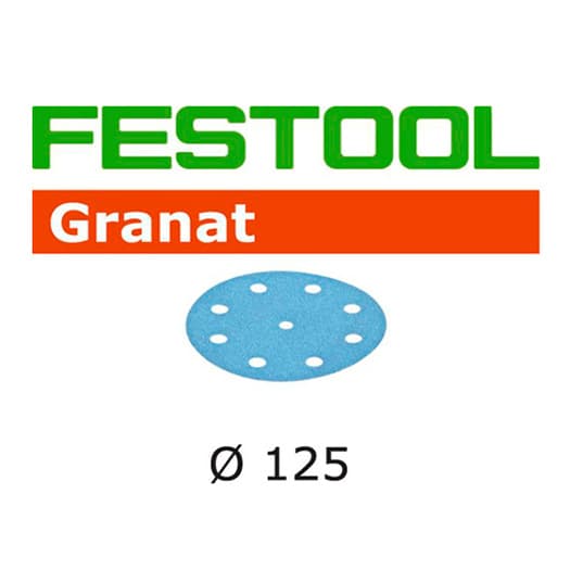 Festool Granat 5" 240 Grit Hook & Loop 9-Hole Hardened Aluminum Oxide on Paper Backed Sanding Disc, 100/Box
