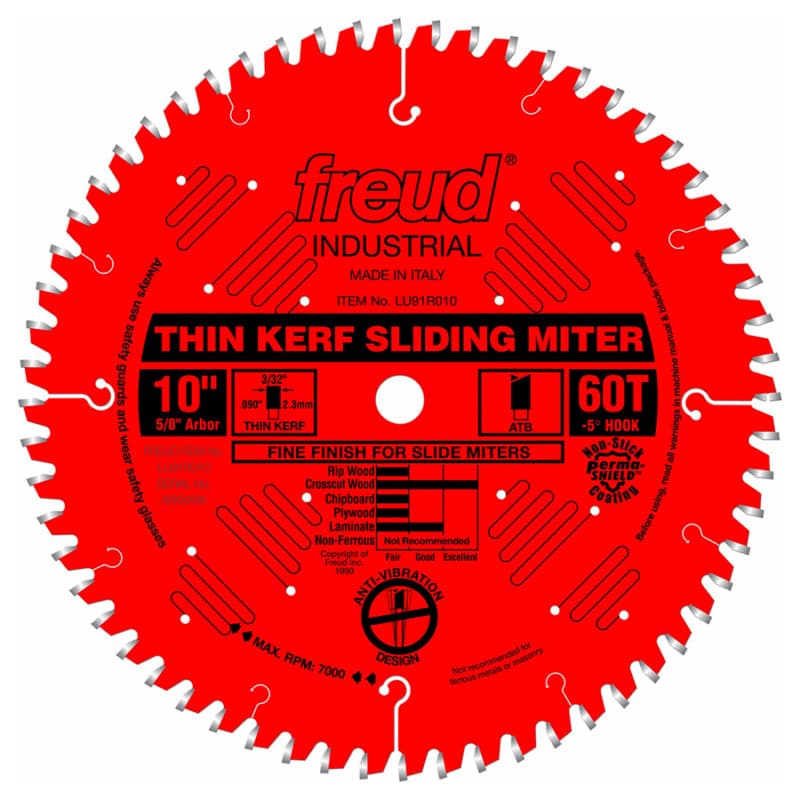 Thin Kerf Sliding Compound Miter Saw Blade 10" Dia., 60 Teeth