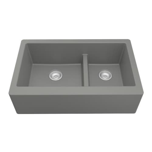 Karran Quartz 34" 60/40 Double Bowl Apron Front/Farmhouse Sink, Undermount, Gray, QA-760-GR