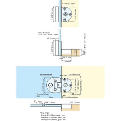 Sugatsune SDH-G Series 90° Opening Angle 3-Way Adjustment Zinc Drop Hinge for Glass Door, Nickel Finish, - SDH-G