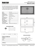 Karran Elite Series Stainless Steel Single Bowl Undermount Kitchen Sink, EL-75-PK1, technical data sheet