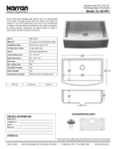 Karran Elite Series Stainless Steel Single Bowl Undermount Kitchen Sink, EL-82-PK1, technical data sheet