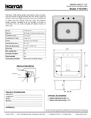 Karran Profile Series Stainless Steel Single Bowl Top Mount Kitchen Sink, PT30-PK1, technical data sheet