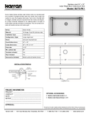 Karran Select Series Stainless Steel Single Bowl Undermount Kitchen Sink, SU75-PK1, technical data sheet