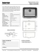 Karran Undermount Series Stainless Steel Single Bowl Undermount Kitchen Sink, U-2418-PK1, technical data sheet