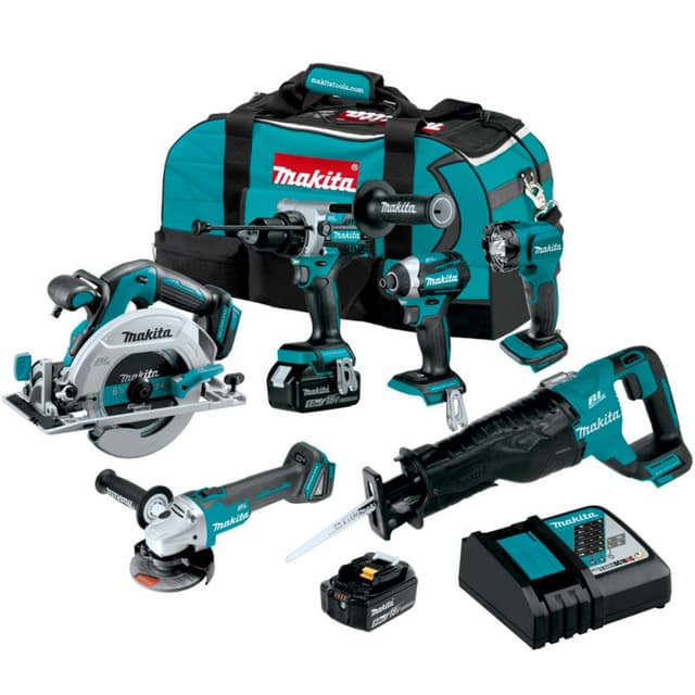Hammer Drill - Impact - Recipro and Circular Saw - Light - Angle Grinder 6 Piece Kit, XT616T, Makita