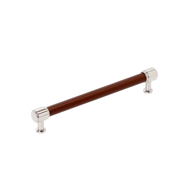 Amerock Fairlane Series 7-9/16 in (192 mm) Center to Center Brown Leather/Polished Nickel Pull, BP37540BRLPN