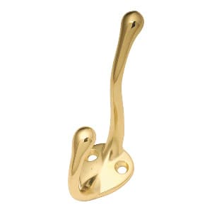 Utility Hooks Series, Zinc 5/8" c/c, Polished Brass Hook