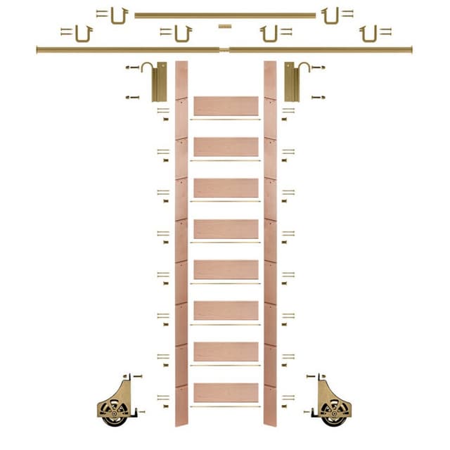 Quiet Glide Unassembled 107" Tall Library Ladder with Mounting Hardware, Pre-Finished Red Oak, Quiet Glide