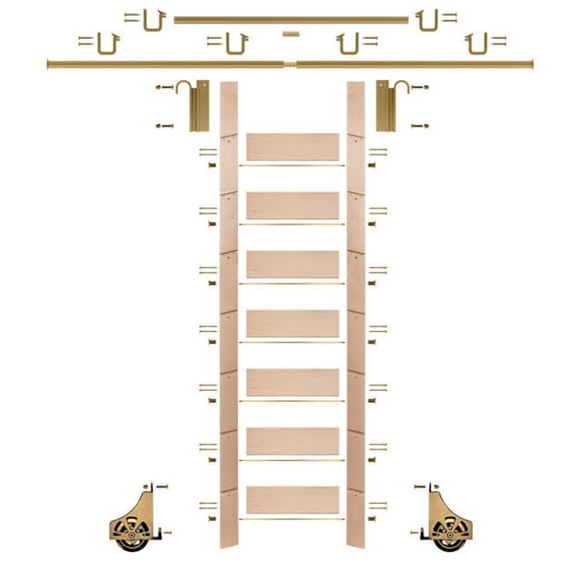 Unassembled 92" Tall Library Ladder with Mounting Hardware, Unfinished Maple, Quiet Glide