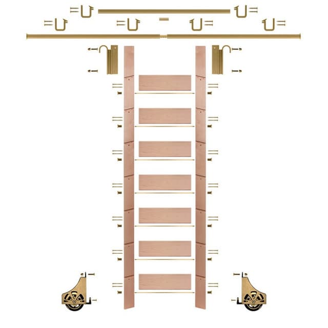 Quiet Glide Unassembled 92" Tall Library Ladder with Mounting Hardware, Unfinished Red Oak