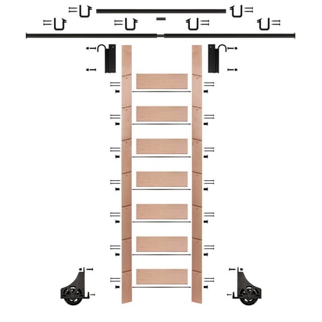 Unassembled 92" Tall Library Ladder with Mounting Hardware, Pre-Finished Red Oak, Quiet Glide