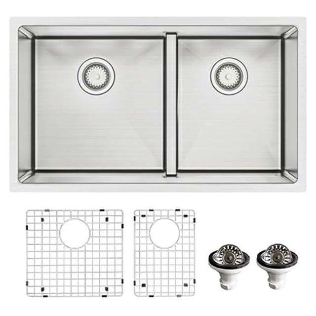 Karran Elite 32"W Stainless Steel Undermount Kitchen Sink Double 60/40 Bowl, 16 Gauge - EL-77-PK1